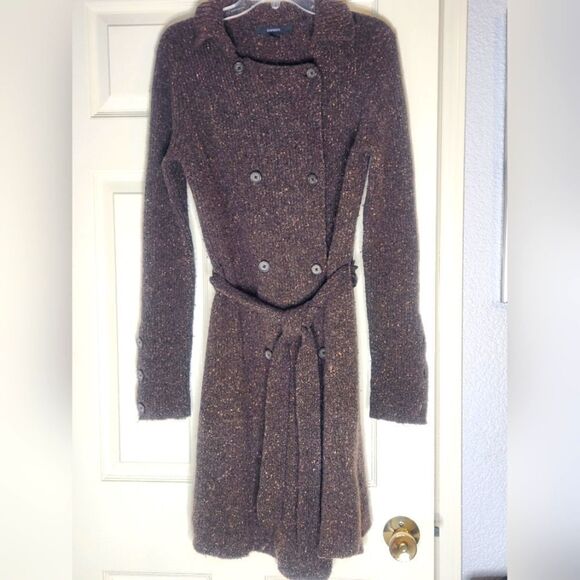 Express L Brown Beige Belt Knitted  WOOL Blend Longsleeve  Buttons Women Peacoat - Picture 1 of 11